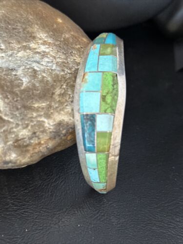 Native American Men's Blue Green Turquoise Inlay Bracelet | Sterling Silver | 14302 - Masha USA