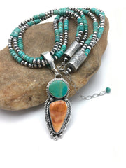 Navajo Kingman Turquoise & Spiny Oyster Necklace Pendant | Sterling Silver | 21" | Multi-Stone 2861
