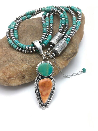 Navajo Kingman Turquoise & Spiny Oyster Necklace Pendant | Sterling Silver | 21" | Multi-Stone 2861