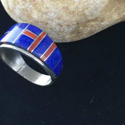Navajo Multi-Stone Lapis Coral Inlay Ring | Sterling Silver | Sz 9.75 | Authentic Native American Handmade | 10102