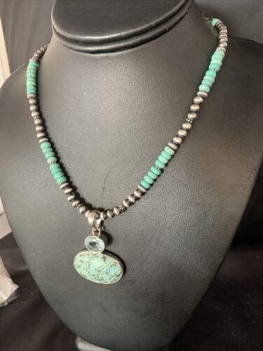 Navajo Pearls Necklace with Blue Spiderweb Turquoise Pendant | Sterling Silver | 13910