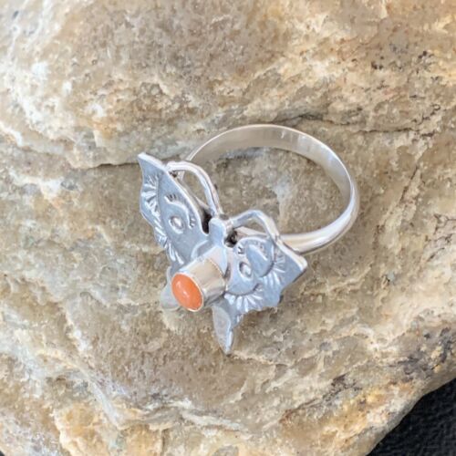 Navajo Orange Spiny Oyster Butterfly Ring | Sterling Silver | Sz Adj 8 | Authentic Native American Handmade | 10351