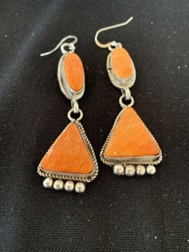 Navajo Orange Spiny Oyster Dangle Earrings | Sterling Silver | Authentic Native American Handmade | 199