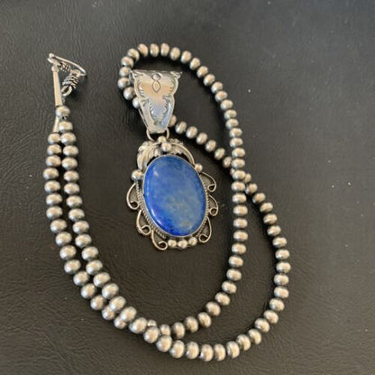 Men's Navajo Pearls Necklace with Denim Lapis Pendant | Sterling Silver | Authentic Native American Handmade | 12433