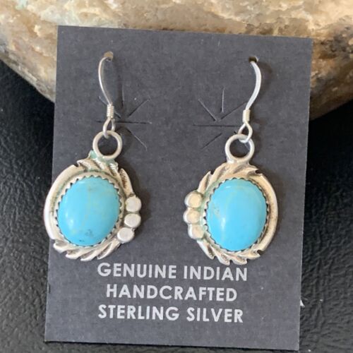 Navajo Blue Turquoise Dangle Drop Earrings | Sterling Silver | 1" | Authentic Native American Handmade | 12746