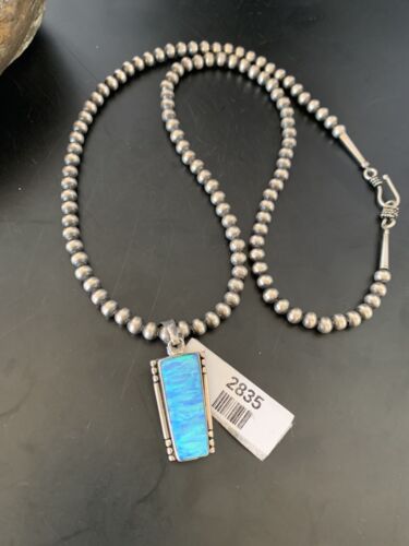 Blue Opal Inlay Necklace Pendant | Navajo Pearls | Sterling Silver | Authentic Native American Handmade | 2835 - Masha USA