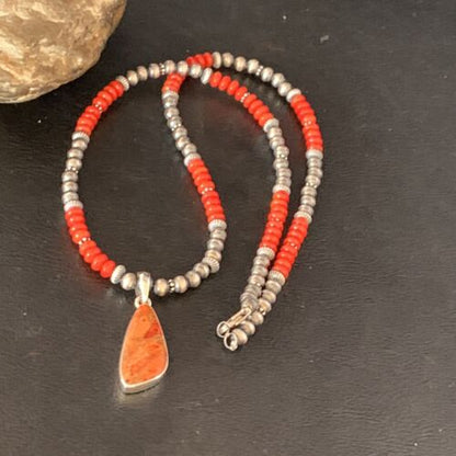 Navajo Red Apple Coral Necklace Pendant Naja | Sterling Silver | Authentic Native American Handmade | 13933