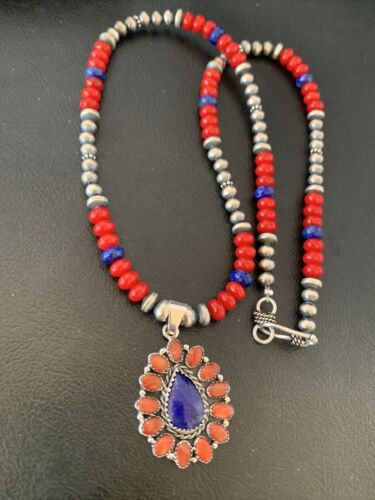 Navajo Red Stabilized Coral Lapis Necklace Cluster Pendant | Sterling Silver | Multi-Stone | 10633