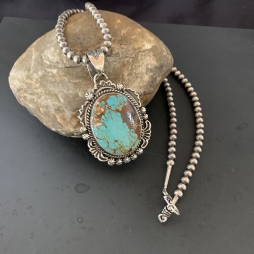 Navajo Pearls Necklace with Blue Turquoise #8 Pendant | Sterling Silver | Authentic Native American Handmade | 11312