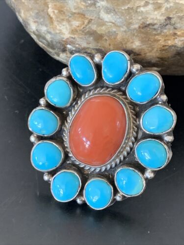 Navajo Blue Turquoise Coral Cluster Ring | Authentic Native American Sterling Silver | Multi-Stone | Sz 9.5 | 11507