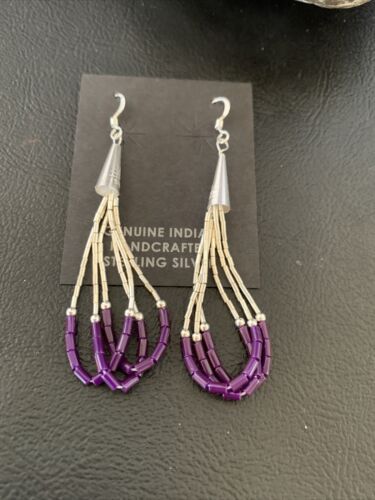 Handmade Liquid Silver Heishi Tube Beads Sugilite Earrings | Sterling Silver | 2" | 13048