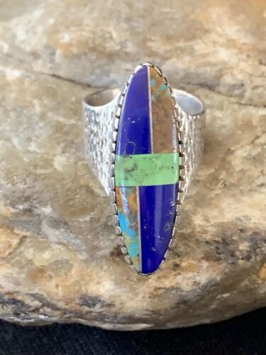 Navajo Multi-Color Lapis & Turquoise Inlay Ring | Sterling Silver | Sz 7 | Authentic Native American Handmade | 1578