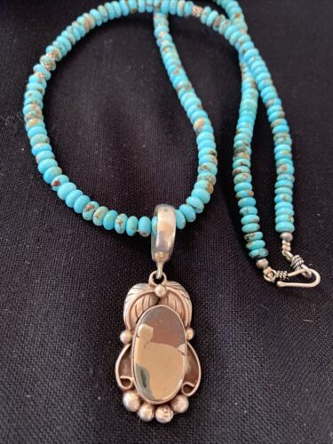 Navajo Blue Turquoise Sterling Silver Necklace | Pyrites Pendant | Southwestern 01393