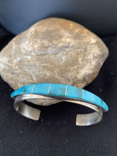 Native American Navajo Blue Turquoise Inlay Bracelet | Sterling Silver | Authentic Handmade | 00986