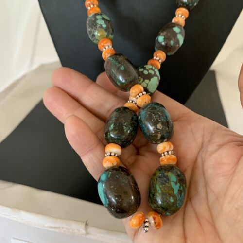 Navajo Green Turquoise & Orange Spiny Oyster Necklace | Sterling Silver | 25" | Authentic Native American Handmade | 1849