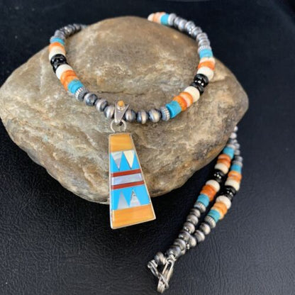 Navajo Multi-Color Turquoise Onyx Inlay Pendant Necklace | Sterling Silver | Authentic Native American Handmade | 13806