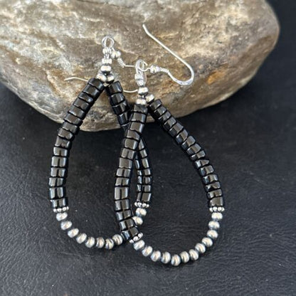 Native American Black Onyx Dangle Earrings | Sterling Silver Heishi Bead | 2" | 14427 - Masha USA