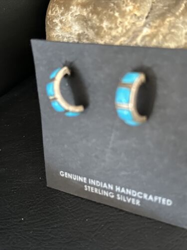 Navajo Blue Turquoise Inlay Earrings | Sterling Silver | 1" | Authentic Native American Handmade | 14776