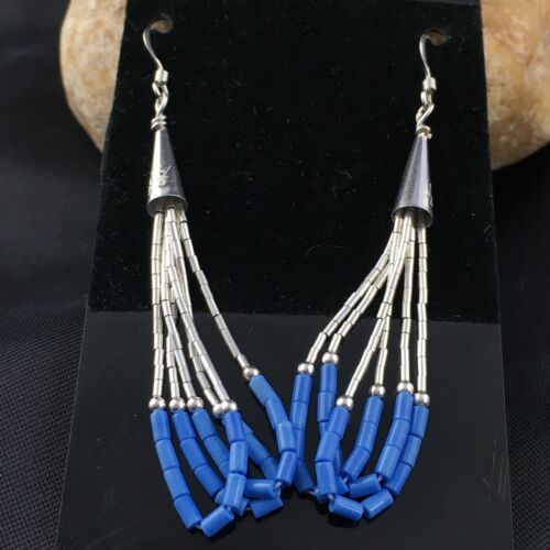 Liquid Sterling Silver Heishi Dangle Earrings | Blue Denim Lapis | 2" | 2005