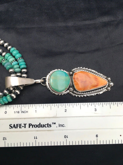 Navajo Kingman Turquoise & Spiny Oyster Necklace Pendant | Sterling Silver | 21" | Multi-Stone 2861