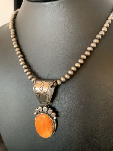 Navajo Orange Spiny Oyster Pendant Necklace | Sterling Silver | Authentic Native American Handmade | 13081