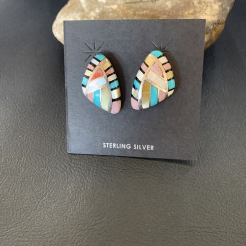 Navajo Mother of Pearl & Onyx Inlay Post Stud Earrings | Sterling Silver | Authentic Native American Handmade | 3746