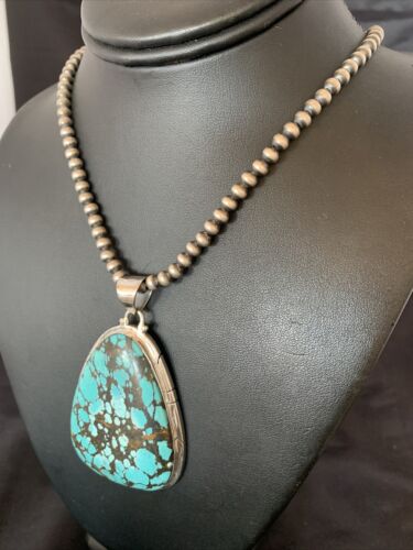 Men's Navajo Pearl Necklace with Blue Spiderweb Turquoise Pendant | Sterling Silver | 10532