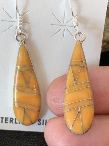 Navajo Orange Spiny Oyster Inlay Earrings | Sterling Silver | 1.5" | Authentic Native American Handmade | 976