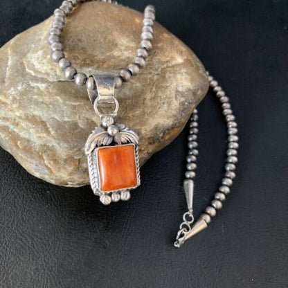 Navajo Red Spiny Oyster Square Pendant Necklace | Sterling Silver | Authentic Native American Handmade | 13636