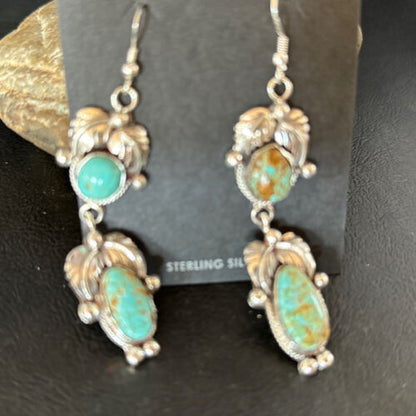 Navajo Blue #8 Turquoise Dangle Earrings | Sterling Silver | Authentic Native American Handmade | 14342
