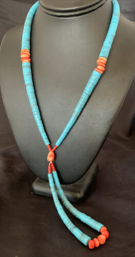 Southwestern Santo Domingo Pink Coral Blue Turquoise Jacla Necklace | 20" | Authentic Native American Handmade | 12515