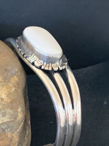 Navajo White Buffalo Turquoise Cuff Bracelet | Sterling Silver | Authentic Native American Handmade | 1423