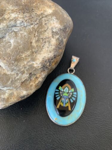 Zuni Multi-Stone Turquoise Pendant | Coral Onyx Inlay | Sterling Silver | Authentic Native American Handmade | 2029