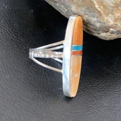 Navajo Red Spiny Oyster Turquoise Inlay Ring | Sterling Silver | Sz 6 | Authentic Native American Handmade | 11583