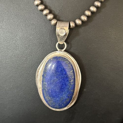 Native American Men's Navajo Pearls Necklace Pendant | Sterling Silver Lapis | 14466
