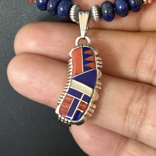 Navajo Blue Lapis Spiny Oyster Necklace Pendant | Sterling Silver Inlay | Authentic Native American Handmade | 14617