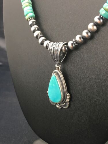 Navajo Blue Turquoise Pendant Necklace | Sterling Silver | Authentic Native American Handmade | 2641 - Masha USA