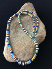 Navajo Orange Spiny Oyster Necklace | Sterling Silver Pearls | 21" | Authentic Native American Handmade | 1763