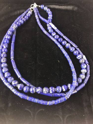 Native American Denim Lapis Necklace | 3 Strand Sterling Silver Tube Bead | 22" | 3869