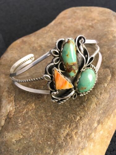 Southwestern Spiny Oyster & Turquoise Bracelet | Navajo Sterling Silver | Authentic Native American Handmade | 8842