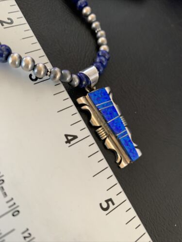 Navajo Pearls Necklace Blue Lapis Opal Inlay Pendant | Sterling Silver | Native American Handmade | 11804