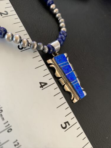 Navajo Pearls Necklace with Blue Lapis Opal Inlay Pendant | Sterling Silver | Authentic Native American Handmade | 11632