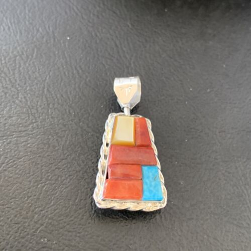 Zuni Yellow Mother of Pearl Turquoise Coral Inlay Sun Face Pendant | Sterling Silver | 2-Sided | 1684