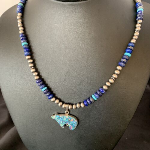 Navajo Bear Pendant | Blue Lapis, Turquoise, Opal | Sterling Silver Necklace | 22" | 13362