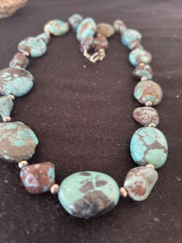 Navajo Chunky Turquoise #8 Necklace | Sterling Silver Pearls | Authentic Native American Handmade | 22" | 1242