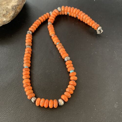 Southwestern Navajo Apple Coral Bead Necklace | Sponge Sterling Silver | Authentic Native American Handmade | 20" | 02043