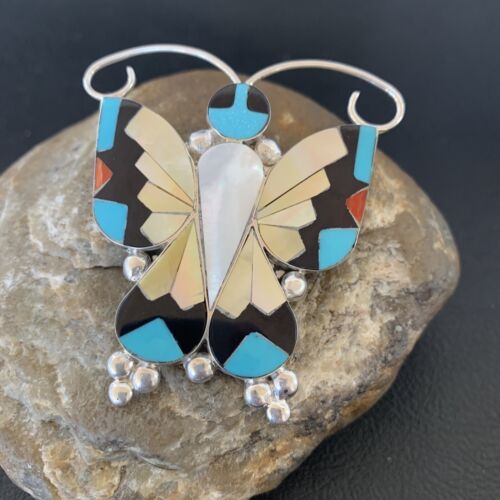 Blue Turquoise Coral Butterfly Necklace Pin Pendant | Zuni Sterling Silver | Native American Handmade | 11965