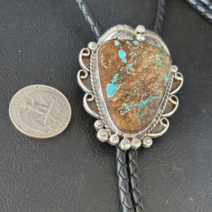 Navajo Blue Boulder Turquoise Bolo Tie | Sterling Silver | Authentic Native American Handmade | 14252