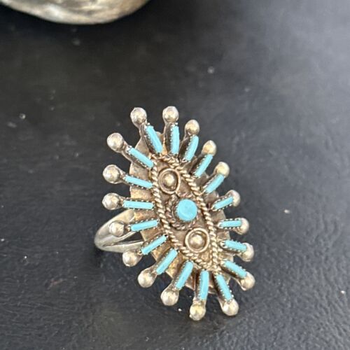 Zuni Blue Turquoise Cluster Needle Point Ring | Authentic Native American Sterling Silver | Multi-Stone | Sz 9 | 14568