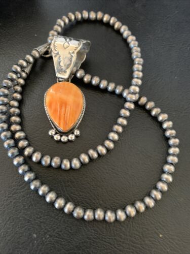 Navajo Orange Spiny Oyster Pendant Necklace | Sterling Silver | Authentic Native American Handmade | 13075